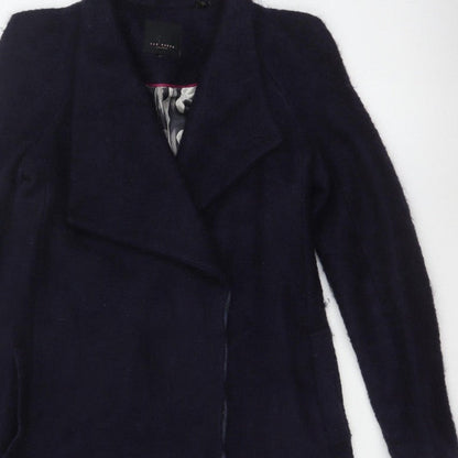 Ted Baker Women’s Navy Wool Blend Long Overcoat UK 10 Asymmetric