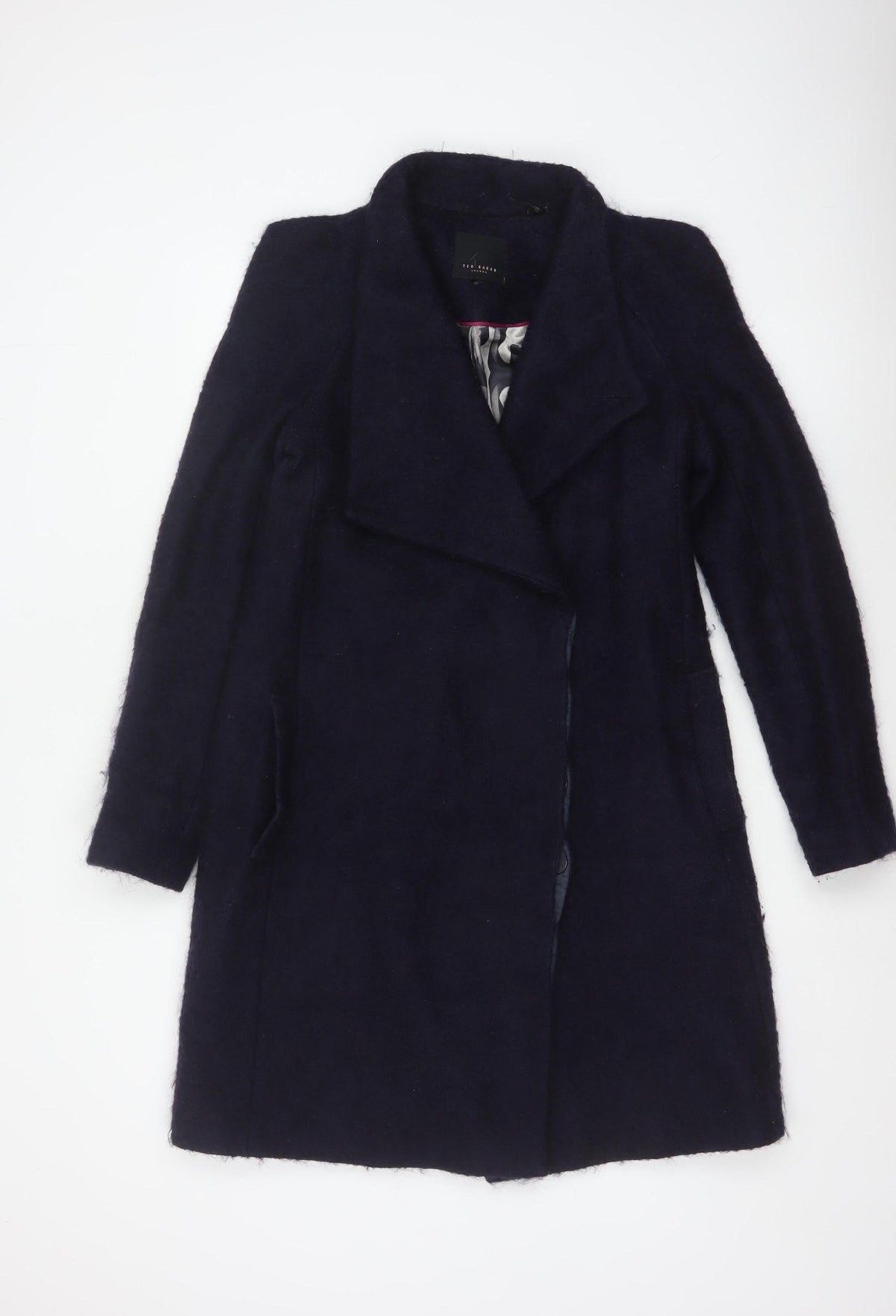 Ted Baker Women’s Navy Wool Blend Long Overcoat UK 10 Asymmetric