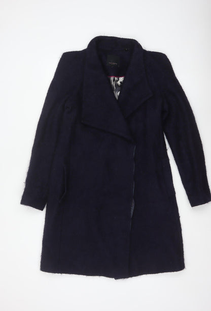 Ted Baker Women’s Navy Wool Blend Long Overcoat UK 10 Asymmetric