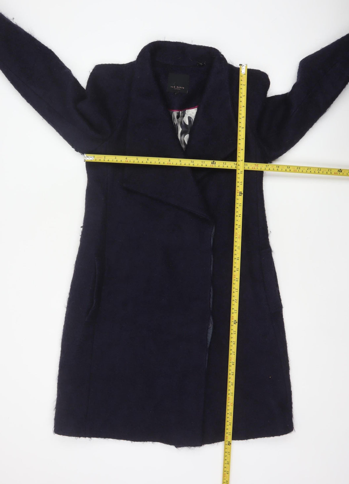 Ted Baker Women’s Navy Wool Blend Long Overcoat UK 10 Asymmetric