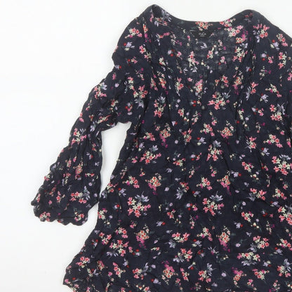 M&Co Women Navy UK 8 Petite Floral V-Neck Long Sleeve Tunic Blouse