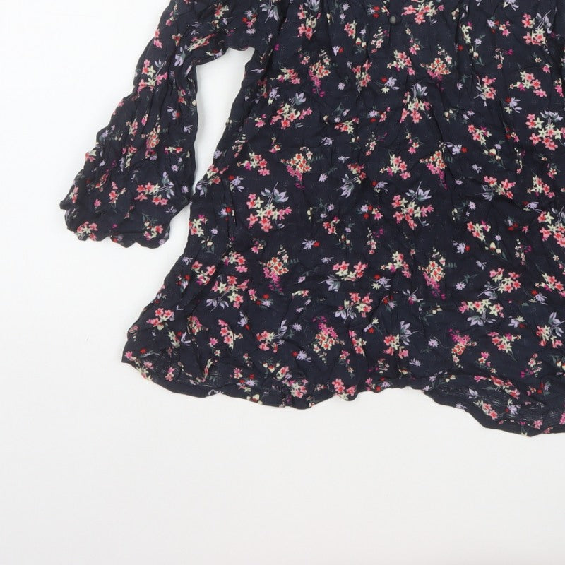 M&Co Women Navy UK 8 Petite Floral V-Neck Long Sleeve Tunic Blouse