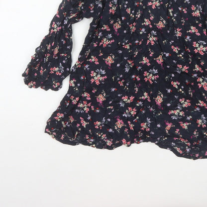 M&Co Women Navy UK 8 Petite Floral V-Neck Long Sleeve Tunic Blouse