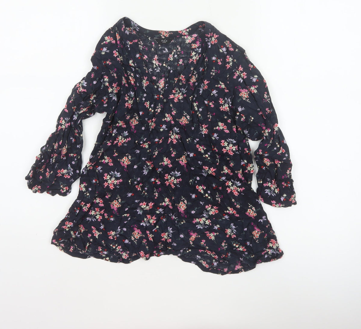 M&Co Women Navy UK 8 Petite Floral V-Neck Long Sleeve Tunic Blouse