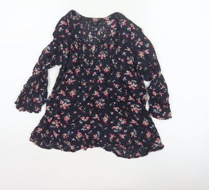 M&Co Women Navy UK 8 Petite Floral V-Neck Long Sleeve Tunic Blouse