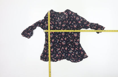 M&Co Women Navy UK 8 Petite Floral V-Neck Long Sleeve Tunic Blouse