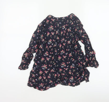 M&Co Women Navy UK 8 Petite Floral V-Neck Long Sleeve Tunic Blouse