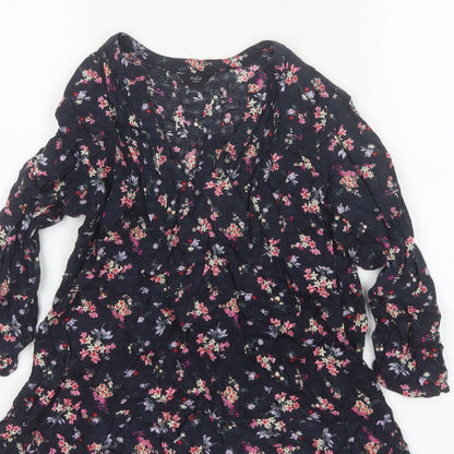 M&Co Women Navy UK 8 Petite Floral V-Neck Long Sleeve Tunic Blouse