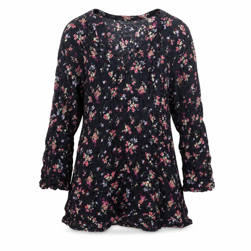 M&Co Women Navy UK 8 Petite Floral V-Neck Long Sleeve Tunic Blouse