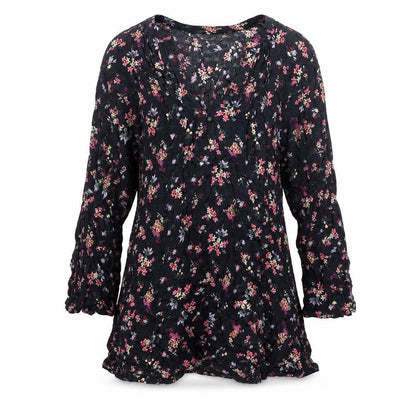 M&Co Women Navy UK 8 Petite Floral V-Neck Long Sleeve Tunic Blouse
