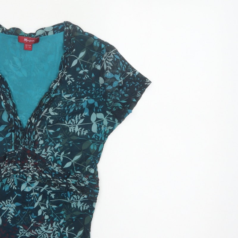 Monsoon Women Blue Floral Wrap Blouse UK 16 Short Sleeve V-Neck