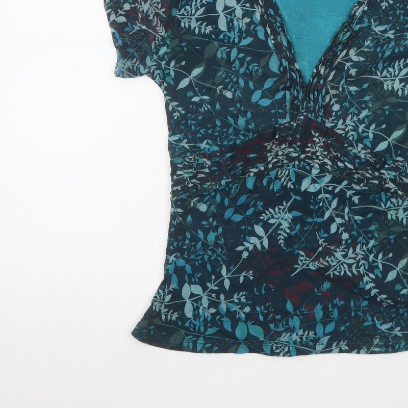 Monsoon Women Blue Floral Wrap Blouse UK 16 Short Sleeve V-Neck