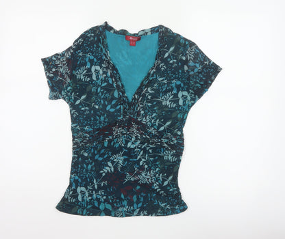 Monsoon Women Blue Floral Wrap Blouse UK 16 Short Sleeve V-Neck