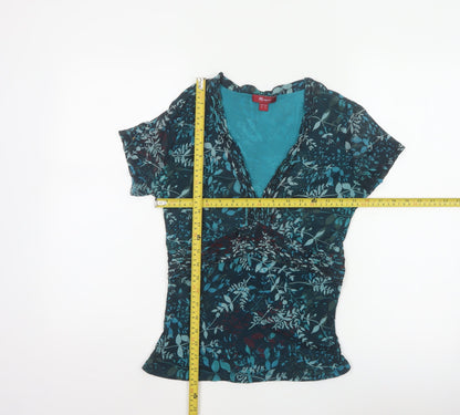 Monsoon Women Blue Floral Wrap Blouse UK 16 Short Sleeve V-Neck