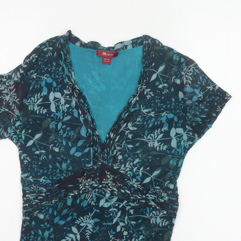Monsoon Women Blue Floral Wrap Blouse UK 16 Short Sleeve V-Neck