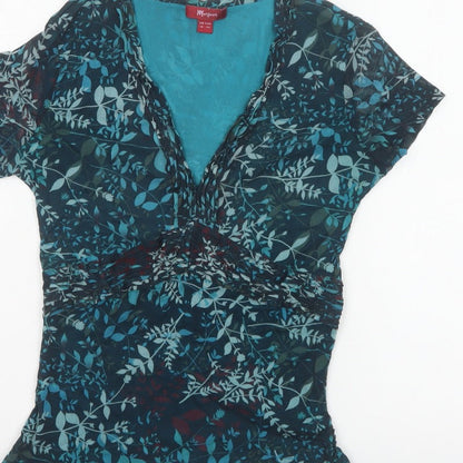Monsoon Women Blue Floral Wrap Blouse UK 16 Short Sleeve V-Neck