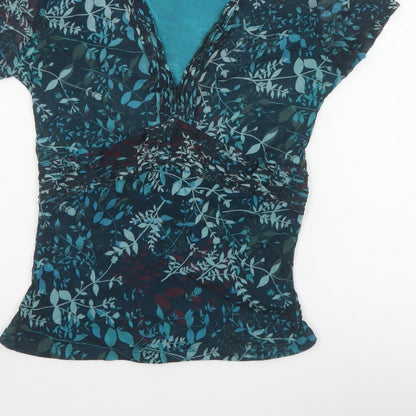 Monsoon Women Blue Floral Wrap Blouse UK 16 Short Sleeve V-Neck