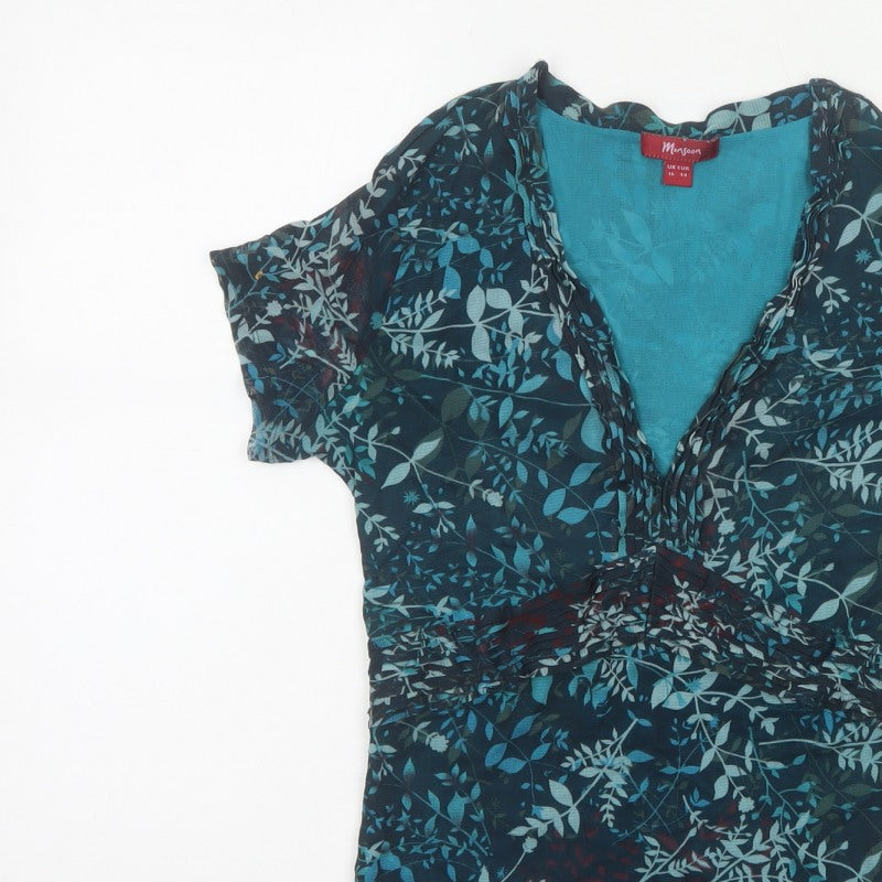 Monsoon Women Blue Floral Wrap Blouse UK 16 Short Sleeve V-Neck