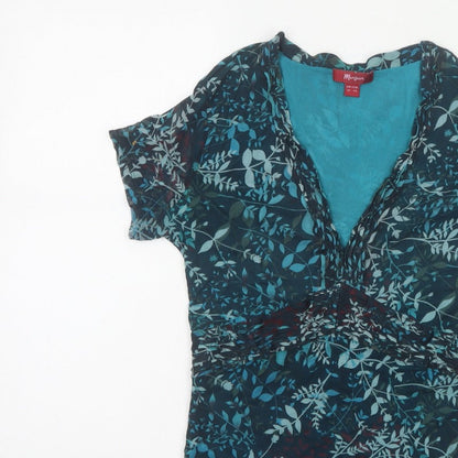 Monsoon Women Blue Floral Wrap Blouse UK 16 Short Sleeve V-Neck