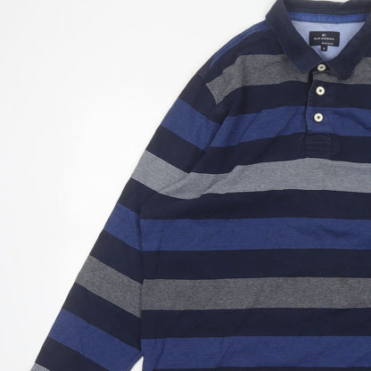 M&S Blue Harbour Mens Blue XL Striped Long Sleeve Polo Shirt