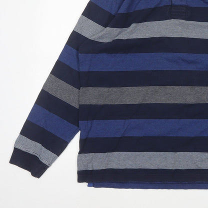 M&S Blue Harbour Mens Blue XL Striped Long Sleeve Polo Shirt