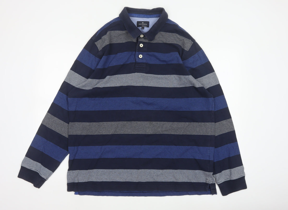 M&S Blue Harbour Mens Blue XL Striped Long Sleeve Polo Shirt