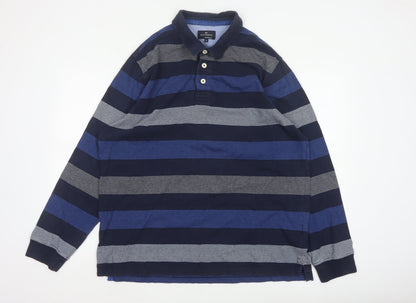 M&S Blue Harbour Mens Blue XL Striped Long Sleeve Polo Shirt