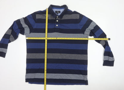 M&S Blue Harbour Mens Blue XL Striped Long Sleeve Polo Shirt