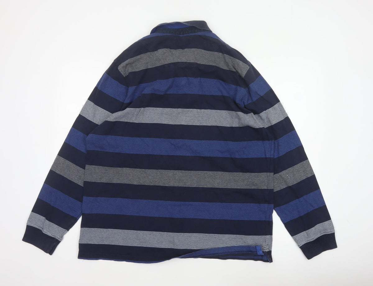 M&S Blue Harbour Mens Blue XL Striped Long Sleeve Polo Shirt