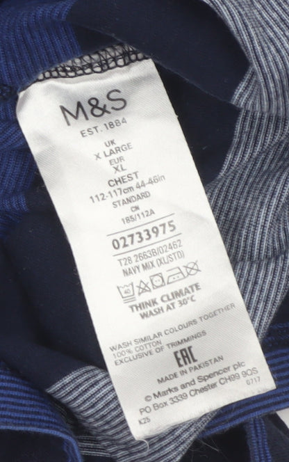 M&S Blue Harbour Mens Blue XL Striped Long Sleeve Polo Shirt