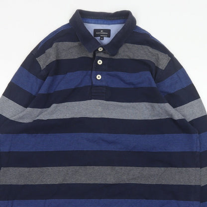 M&S Blue Harbour Mens Blue XL Striped Long Sleeve Polo Shirt