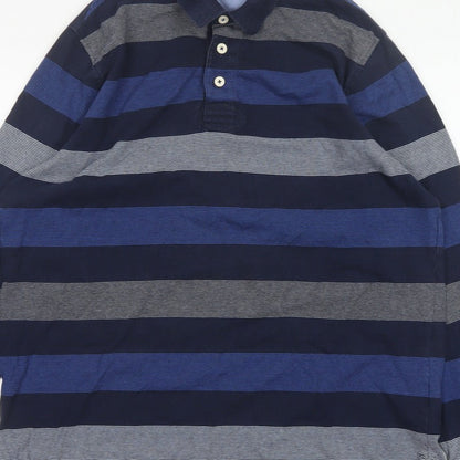 M&S Blue Harbour Mens Blue XL Striped Long Sleeve Polo Shirt