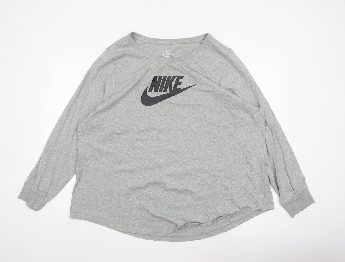 Nike Women Grey 3XL Long Sleeve Logo Crew Neck Basic T-Shirt