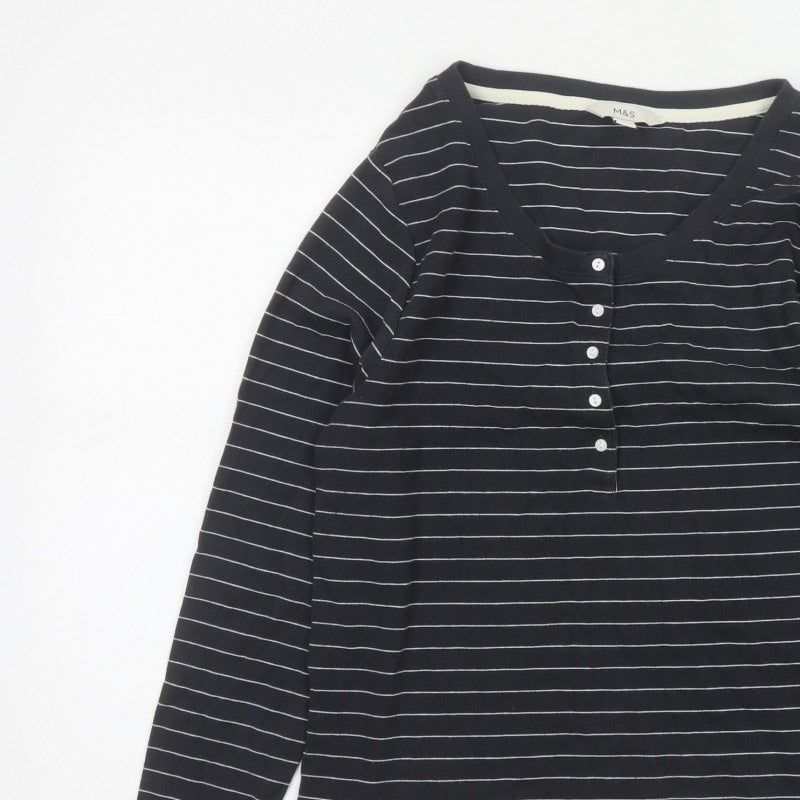 Marks and Spencer Women's Black UK 16 Striped Henley Long Sleeve Jersey Top