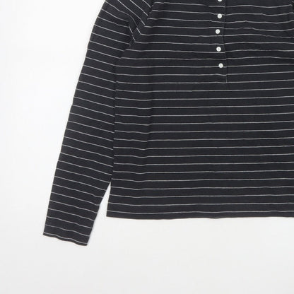 Marks and Spencer Women's Black UK 16 Striped Henley Long Sleeve Jersey Top