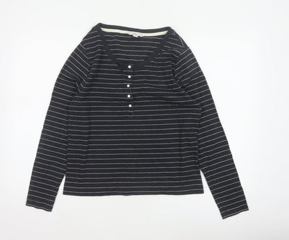 Marks and Spencer Women's Black UK 16 Striped Henley Long Sleeve Jersey Top