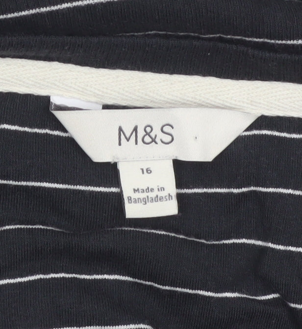 Marks and Spencer Women's Black UK 16 Striped Henley Long Sleeve Jersey Top