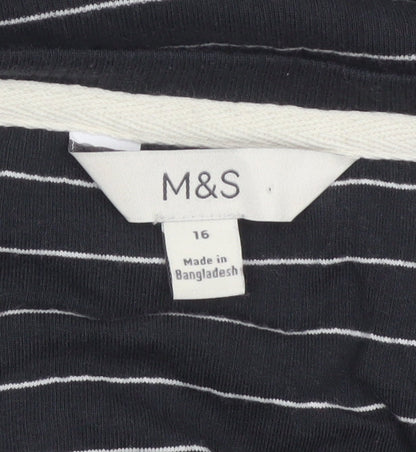 Marks and Spencer Women's Black UK 16 Striped Henley Long Sleeve Jersey Top