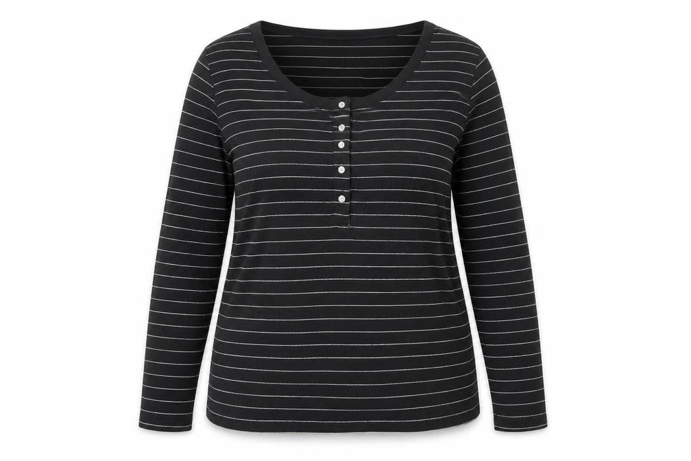 Marks and Spencer Women's Black UK 16 Striped Henley Long Sleeve Jersey Top