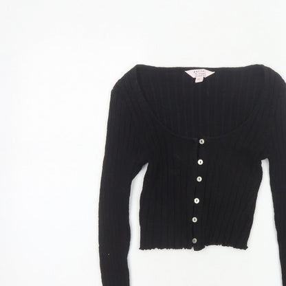 Miss Selfridge Women Black UK 8 Petite Cropped Rib Knit Button-Up Top