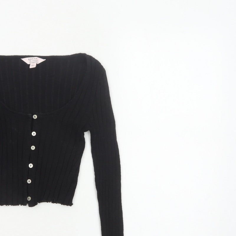 Miss Selfridge Women Black UK 8 Petite Cropped Rib Knit Button-Up Top