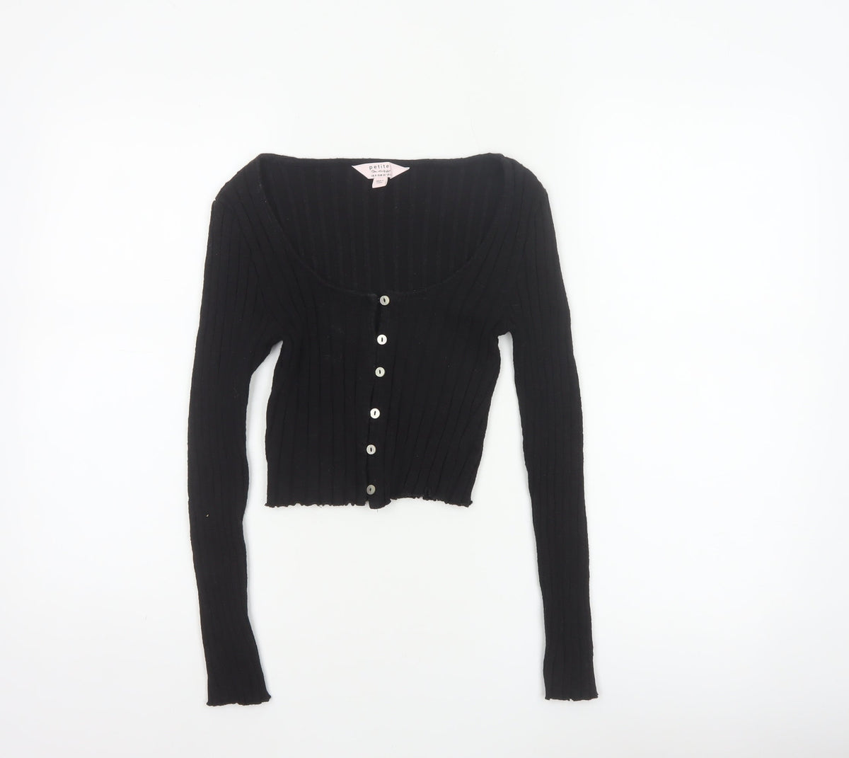 Miss Selfridge Women Black UK 8 Petite Cropped Rib Knit Button-Up Top