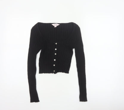 Miss Selfridge Women Black UK 8 Petite Cropped Rib Knit Button-Up Top