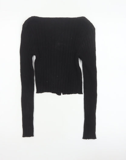 Miss Selfridge Women Black UK 8 Petite Cropped Rib Knit Button-Up Top
