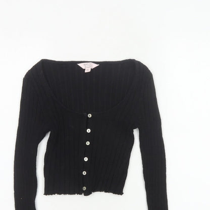 Miss Selfridge Women Black UK 8 Petite Cropped Rib Knit Button-Up Top