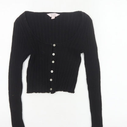 Miss Selfridge Women Black UK 8 Petite Cropped Rib Knit Button-Up Top