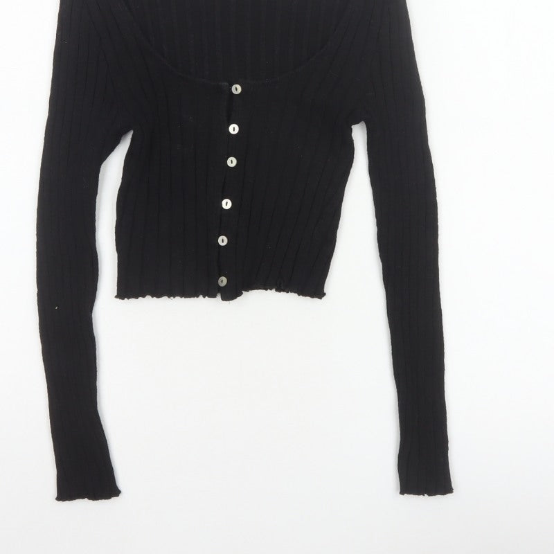 Miss Selfridge Women Black UK 8 Petite Cropped Rib Knit Button-Up Top