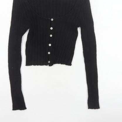 Miss Selfridge Women Black UK 8 Petite Cropped Rib Knit Button-Up Top