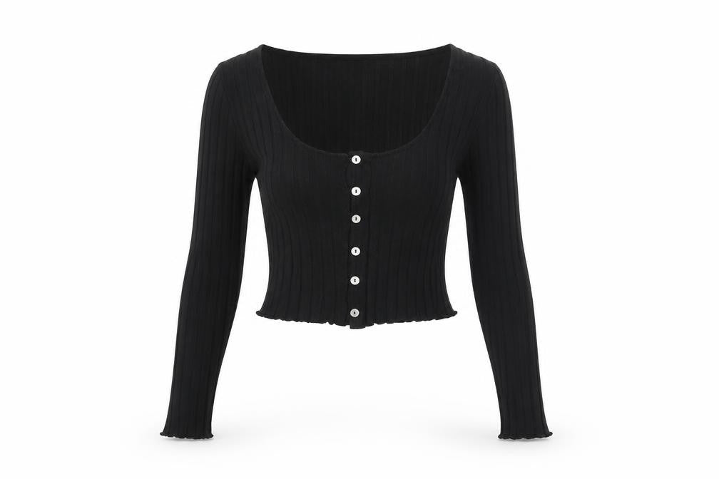 Miss Selfridge Women Black UK 8 Petite Cropped Rib Knit Button-Up Top