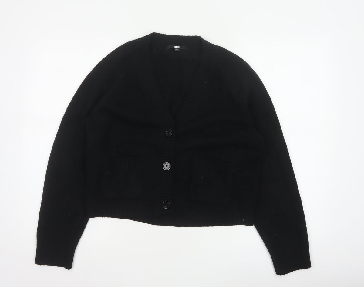 Uniqlo Women Black XS V-Neck Button Knit Cardigan with Pockets